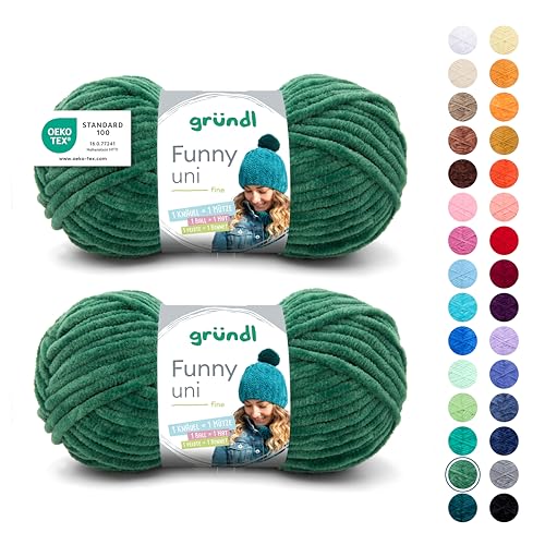 Gründl Wolle Funny uni - weiche Chenille Wolle zum Häkeln - Kuschelig und hautfreundlich - 100% Polyester - 2 Knäuel 100 g / 120 m - Nadelstärke 5-6, Dunkelgrün von Gründl