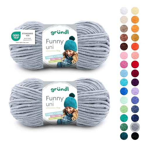 Gründl Wolle Funny uni - weiche Chenille Wolle zum Häkeln - Kuschelig und hautfreundlich - 100% Polyester - 2 Knäuel 100 g / 120 m - Nadelstärke 5-6, Hellgrau von Gründl