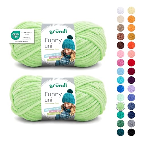 Gründl Wolle Funny uni - weiche Chenille Wolle zum Häkeln - Kuschelig und hautfreundlich - 100% Polyester - 2 Knäuel 100 g / 120 m - Nadelstärke 5-6, Hellgrün von Gründl