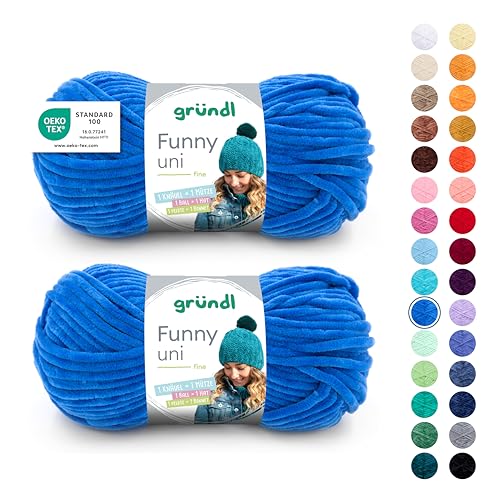 Gründl Wolle Funny uni - weiche Chenille Wolle zum Häkeln - Kuschelig und hautfreundlich - 100% Polyester - 2 Knäuel 100 g / 120 m - Nadelstärke 5-6, Royalblau von Gründl