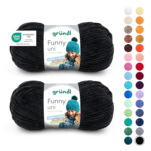 Gründl Wolle Funny uni - weiche Chenille Wolle zum Häkeln - Kuschelig und hautfreundlich - 100% Polyester - 2 Knäuel 100 g / 120 m - Nadelstärke 5-6, Schwarz von Gründl