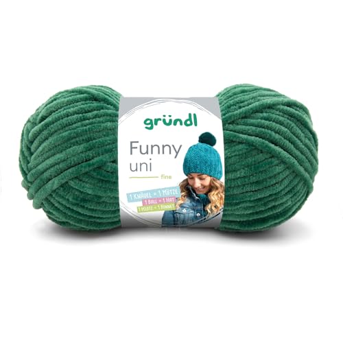 Gründl Wolle Funny uni - weiche Chenille Wolle zum Häkeln - Kuschelig und hautfreundlich - 100% Polyester - 1 Knäuel 100 g / 120 m - Nadelstärke 5-6 - dunkelgrün von Gründl