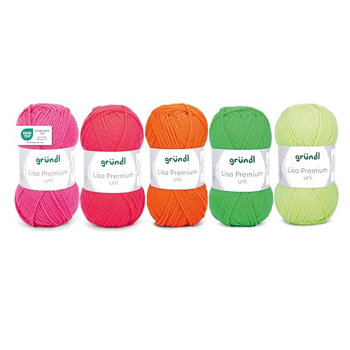 Gründl Wolle Lisa Premium uni - Garn zum Stricken - Strickgarn - Häkelgarn - Weich und hautfreundlich - 100% Polyacryl 5 Knäuel 50 g / 133 m - Nadelstärke 3,5-4,5 - Neon-Pink-Orange-Gelb-Grün von Gründl