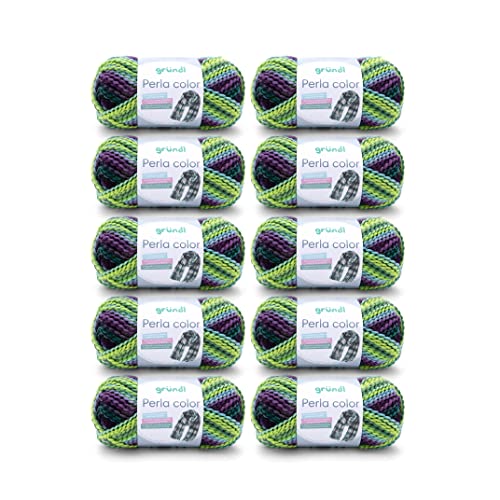 Gründl Wolle Perla color (wollähnliches Handstrickgarn aus 100% Polyester, 100 g / 90 m, Nadelstärke: 8-9, 10 x 100 g), maigrün-blau-violett-grün von Gründl