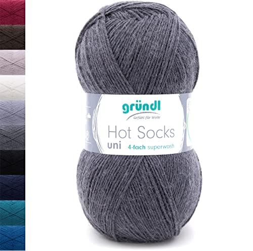 Sockenwolle 4fädig uni 100g Gründl Hot Socks 4-fädig einfarbig | 75% Wolle, 25% Polyamid | Strumpfwolle Sockengarn (4ply, 4fach) Wolle für Socken stricken (83 - anthrazit) von Gründl