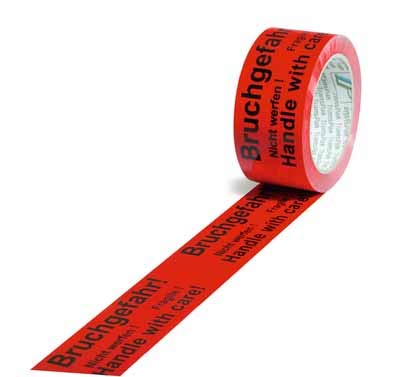 PP-Warn-Klebeband, 50mm breitx66lfm, 52µ, rot, Aufdruck"Bruchgefahr", Acrylatkleber, 12 Rollen von Gründrucken