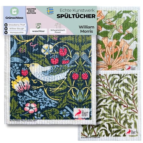 Grünschloss Art Spüllappen Bedruckt Original William Morris Meisterwerke (5X Set) Einzigartige Kunst Spültücher waschbar Zellulose & Baumwolle Putztücher saugstark & nachhaltig von Grünschloss