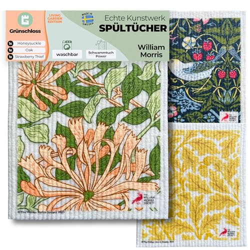 Grünschloss Art Spültücher Bedruckt Original William Morris Living Garden (3X Set) - Echte Kunst Putztücher waschbar Zellulose & Baumwolle Spüllappen & Abwaschlappen saugstark & nachhaltig von Grünschloss