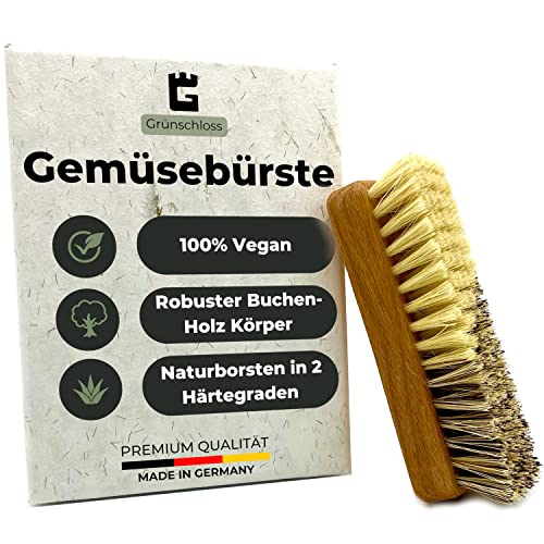 Grünschloss Gemüsebürste Holz (Made in Germany) Obst und Gemüse Reiniger für Karotten, Kartoffelbürste, Obstbürste, etc - Vegane Gemüsebürste Naturborsten mit Zwei Härtegraden aus robuster Buche von Grünschloss
