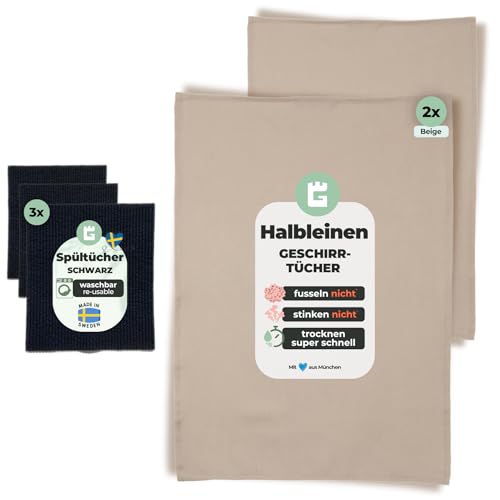 Grünschloss Halbleinen Geschirrtücher Beige & Spültücher Schwarz - Set 2X Landhaus Geschirrtuch 50x70cm (saugstark + ohne müffeln) + 3X Spüllappen Black waschbar - Küchentücher Made in EU von Grünschloss