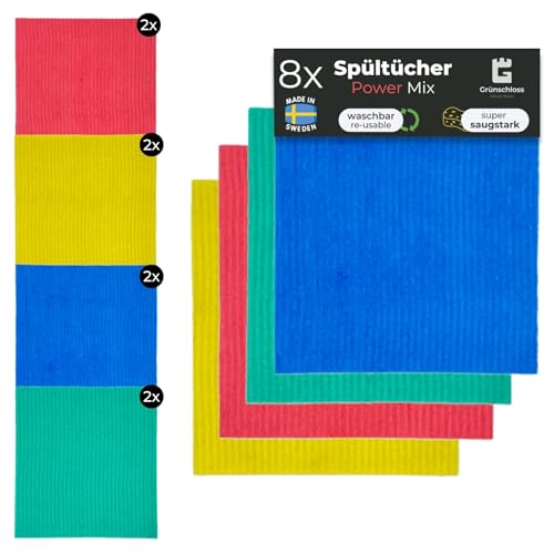 Grünschloss Putzlappen waschbar bunt (8X) mehrfarbige Baumwoll Spüllappen Küche, Bad & Toilette Reinigungstücher (Made in Sweden) saugstarke Schwammtuch Putzlappen 4 Farben System (Power) von Grünschloss