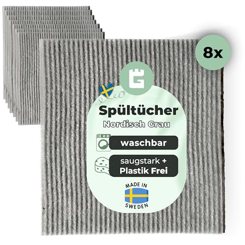 Grünschloss Spüllappen grau waschbar (8X) hell graue Putzlappen Baumwolle & Holz, super saugstarke Schwammtücher Abwaschlappen Küche (Made in Sweden) Spültücher Kochfest skandinavisch von Grünschloss