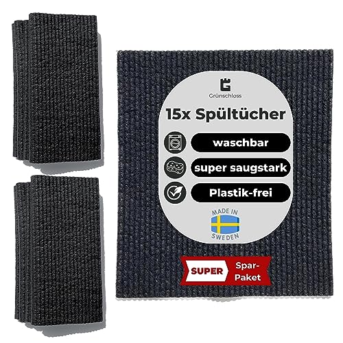 Grünschloss Spültücher schwarz -15x Schwammtuch waschbar Küchentücher Baumwolle & Holz-Zellstoff - Küchenlappen, Putzschwamm Made in Sweden - extra saugstarke universal Reinigungstücher & Wischlappen von Grünschloss