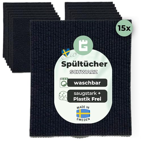 Grünschloss Spültücher schwarz -15x Schwammtuch waschbar Küchentücher Baumwolle & Holz-Zellstoff - Küchenlappen, Putzschwamm Made in Sweden - extra saugstarke universal Reinigungstücher & Wischlappen von Grünschloss