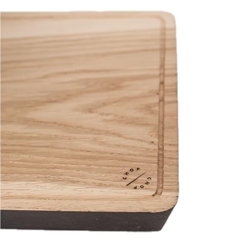 Grünschloss Steak Schneidebrett Holz mit Saftrinne & antirutsch Füße - Elegantes Steakbrett Eiche Massiv 27x19cm - 3cm stark hochwertiges Servierbrett Holz rutschfest – Schneidebrett schwarzer Rand von Grünschloss