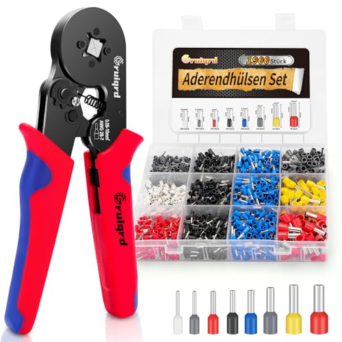 Gruiqrd Crimpzange Aderendhülsen Set,1900 Stück Premium Aderendhülsen Mit Aderendhülsenzange selbsteinstellend Tool Kit für 0,08-10 mm²(AWG28-7), Vierkant-Crimpzange für Heimwerker und Heimgebrauch von Gruiqrd