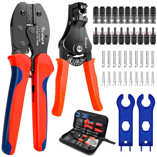 Solar Crimpzange Set für 2.5/4/6mm² Solarpanel PV Kabel, 1x Crimpzange+1x Abisolierzange+10 Paar Solarkabel Stecker+10 Paar Männlich/Weiblich Solar Stecker+2xSolar Steckverbinder Schraubenschlüssel von Gruiqrd