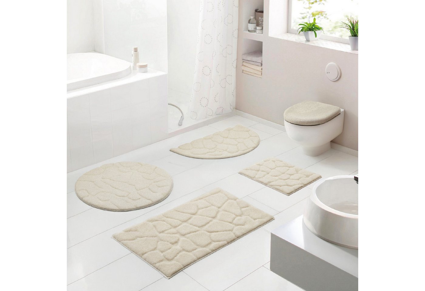 Grund Badematte Ashtar, Badvorleger, Badezimmer Teppich, 3D-Design, Höhe 20 mm, rutschhemmend beschichtet, schnell trocknend, Polyester, rechteckig, 3-tlg. Stand-WC Set, Hoch-Tief-Design mit organischer Steinoptik, Made in Europe Grund Badematte Ashtar, Badvorleger, Badezimmer Teppich, 3D-Design, Höhe 20 mm, rutschhemmend beschichtet, schnell trocknend, Polyester, rechteckig, 3-tlg. Stand-WC Set, Hoch-Tief-Design mit organischer Steinoptik, Made in Europe von Grund