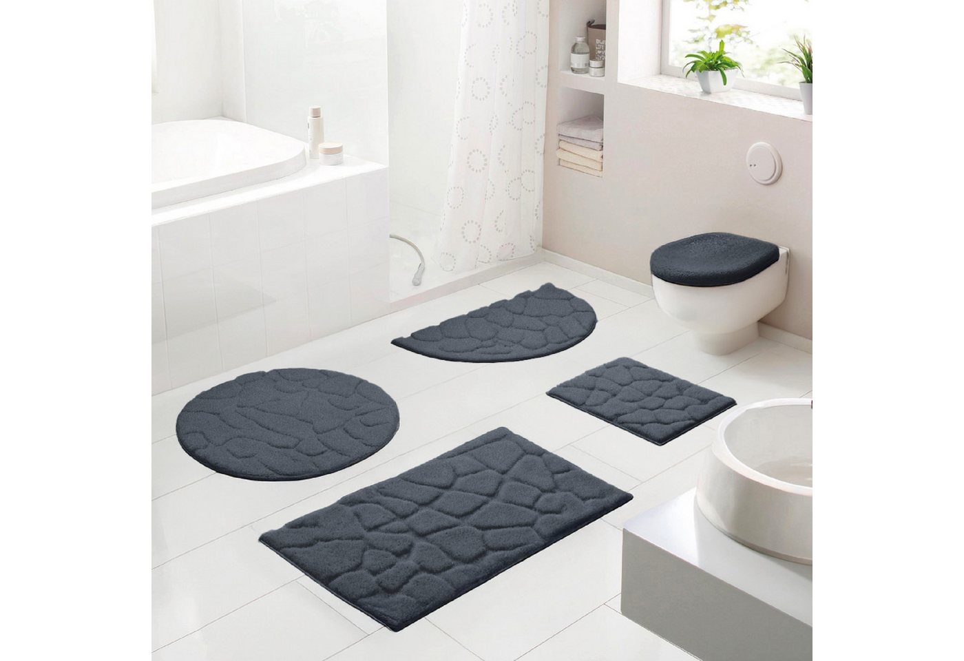 Grund Badematte Ashtar, Badvorleger, Badezimmer Teppich, 3D-Design, Höhe 20 mm, rutschhemmend beschichtet, schnell trocknend, Polyester, rechteckig, 3-tlg. Stand-WC Set, Hoch-Tief-Design mit organischer Steinoptik, Made in Europe Grund Badematte Ashtar, Badvorleger, Badezimmer Teppich, 3D-Design, Höhe 20 mm, rutschhemmend beschichtet, schnell trocknend, Polyester, rechteckig, 3-tlg. Stand-WC Set, Hoch-Tief-Design mit organischer Steinoptik, Made in Europe von Grund