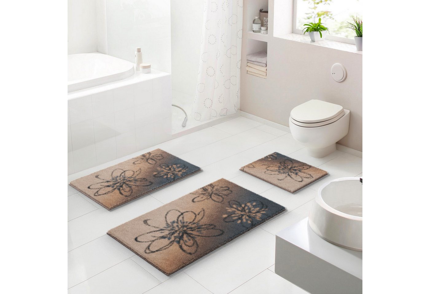 Grund Badematte Lusia, Höhe 20 mm, rutschhemmend beschichtet, fußbodenheizungsgeeignet, Polyacryl, rechteckig, Florales Design mit sanftem Farbverlauf, 5 Jahre Garantie von Grund