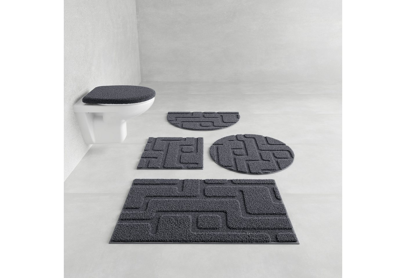 Grund Badematte Riana, Badvorleger, Badezimmer Teppich, sehr weich, Höhe 20 mm, rutschhemmend beschichtet, schnell trocknend, Polyester, rechteckig, 3-tlg. Hänge-WC Set, Modernes Design mit Linien in Hoch-Tief-Struktur, Made in Europe Grund Badematte Riana, Badvorleger, Badezimmer Teppich, sehr weich, Höhe 20 mm, rutschhemmend beschichtet, schnell trocknend, Polyester, rechteckig, 3-tlg. Hänge-WC Set, Modernes Design mit Linien in Hoch-Tief-Struktur, Made in Europe von Grund