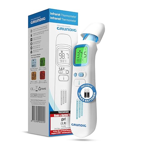 Grundig Fieberthermometer kontaktlos TESTSIEGER - Hochpräzise Fieber an Ohr Stirn Erwachsene Kinder und Baby blitzschnell messen I mit Batterien I Thermometer Fieber Stirnthermometer Ohrthermometer von GRUNDIG