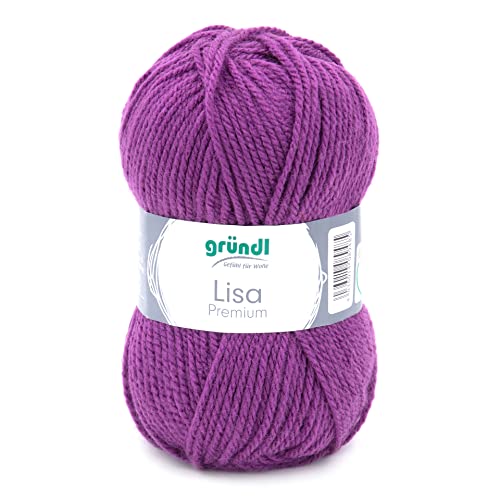 Gründl Lisa Premium Uni Strick- & Häkelgarn (weicher und wollartiger Charakter, pflegeleichtes waschbares Strickgarn aus 100% Polyacryl, 50 g/ 133 m, Nadelstärke: 3,5 - 4,5, 1 Knäuel á 50 g), Purpur von Gründl