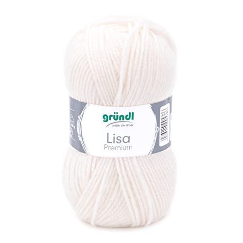 Gründl Lisa Premium Uni Strick- & Häkelgarn (weicher und wollartiger Charakter, pflegeleichtes waschbares Strickgarn aus 100% Polyacryl, 50g/133m, Nadelstärke: 3,5-4,5, 1 Knäuel á 50g), Creme von Gründl