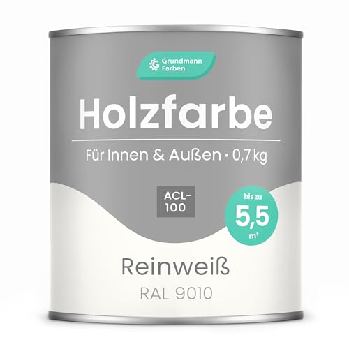 GRUNDMANN Holzfarbe - 0,7 Kg Holzlack Seidenmatt Weiss - 3in1 inkl. Grundierung - Seidenmatt - Innen und Außen - RAL 9010 Reinweiss von Grundmann Farben