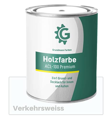 GRUNDMANN Holzfarbe - 0,7 Kg Holzlack Seidenmatt Weiss - 3in1 inkl. Grundierung - Seidenmatt - Innen und Außen - RAL 9016 Verkehrsweiss von Grundmann Farben