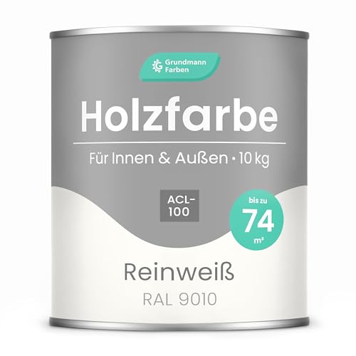 Grundmann Holzfarbe ACL 100 - Holzlack 10 Kg Weiss - 4in1 inkl. Grundierung - Seidenmatt - Wetterfest für Innen und Außen - RAL 9010 Reinweiss von Grundmann Farben