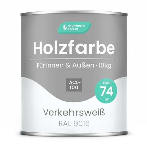 Grundmann Holzfarbe ACL 100 - Holzlack 10 Kg Weiss - 4in1 inkl. Grundierung - Seidenmatt - Wetterfest für Innen und Außen - RAL 9016 Verkehrsweiss von Grundmann Farben