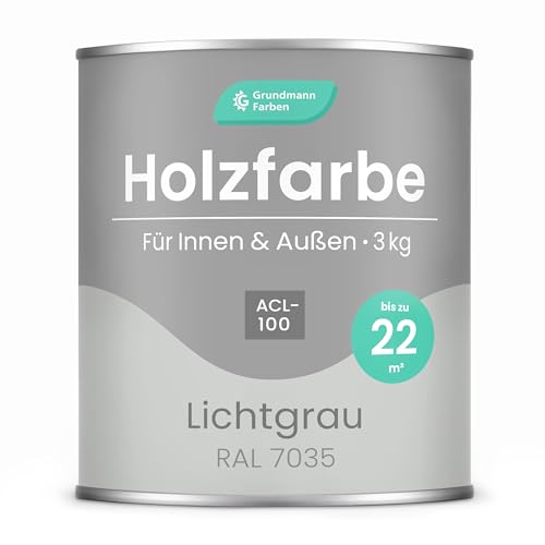 Grundmann Holzfarbe ACL 100 - Holzlack 3 Kg Hellgrau - 4in1 inkl. Grundierung - Seidenmatt - Wetterfest für Innen und Außen - RAL 7035 Lichtgrau von Grundmann Farben