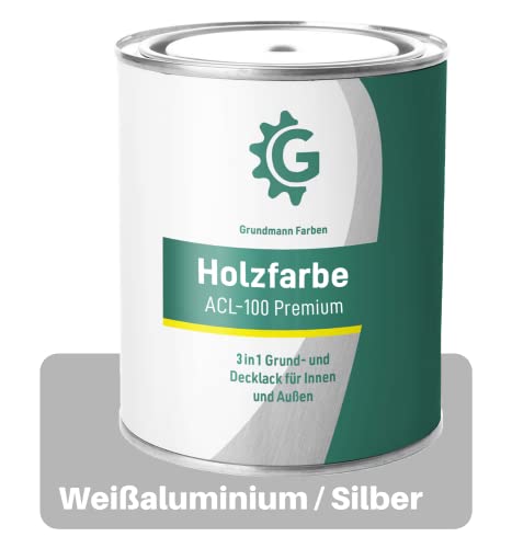 GRUNDMANN Holzfarbe - 3 Kg Holzlack Seidenmatt Silber - 3in1 inkl. Grundierung - Seidenmatt - Wetterfest für Innen & Außen - RAL 9006 Weißaluminium von Grundmann Farben