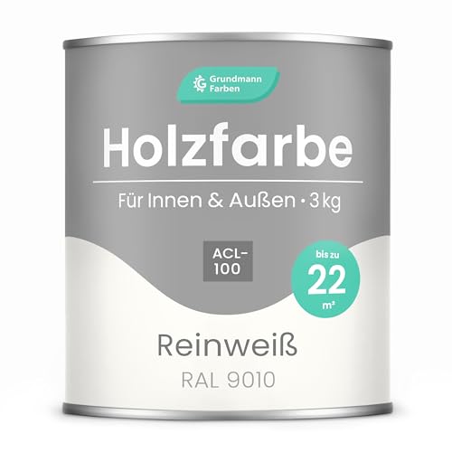Grundmann Holzfarbe ACL 100 - Holzlack 3 Kg Weiss - 4in1 inkl. Grundierung - Seidenmatt - Wetterfest für Innen und Außen - RAL 9010 Reinweiss von Grundmann Farben