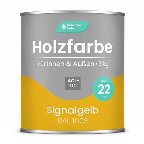 Grundmann Holzfarbe ACL 100 - Holzlack 3 Kg Gelb - 4in1 inkl. Grundierung - Seidenmatt - Wetterfest für Innen & Außen - RAL 1003 Signalgelb von Grundmann Farben