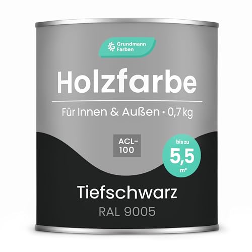 GRUNDMANN Holzfarbe - 0,7 Kg Holzlack Seidenmatt Schwarz - 3in1 inkl. Grundierung - Seidenmatt - Innen & Außen - RAL 9005 Tiefschwarz von Grundmann Farben