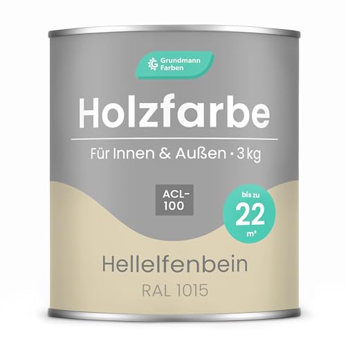 Grundmann Holzfarbe ACL 100 - Holzlack 3 Kg Beige - 4in1 inkl. Grundierung - Seidenmatt - Wetterfest für Innen und Außen - RAL 1015 Hellelfenbein von Grundmann Farben