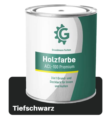 GRUNDMANN Holzfarbe - 3 Kg Holzlack Seidenmatt Schwarz - 3in1 inkl. Grundierung - Seidenmatt - Innen und Außen - RAL 9005 Tiefschwarz von Grundmann Farben