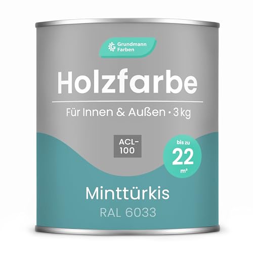 GRUNDMANN Holzfarbe - 3 Kg Holzlack Seidenmatt Türkis - 3in1 inkl. Grundierung - Seidenmatt - Innen und Außen - RAL 6033 Minttürkis von Grundmann Farben