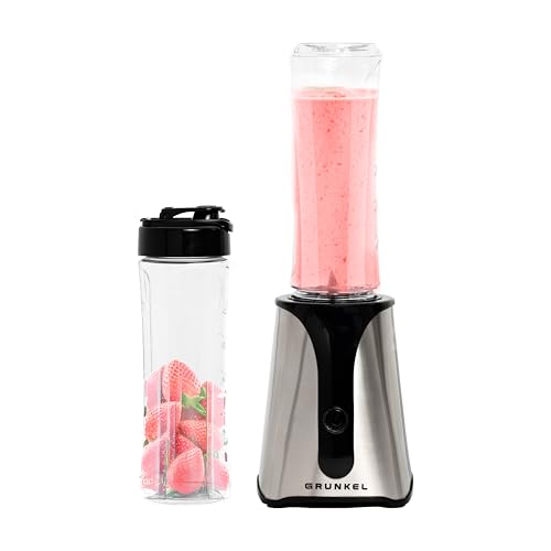 GRUNKEL BAT-350 SMOOTH SS tragbarer Standmixer, 350 W, mit Edelstahlklingen, Fassungsvermögen 600 ml, 2 tragbare Behälter, One-Touch-Taste, rutschfester Boden und Leuchtanzeige von Grunkel