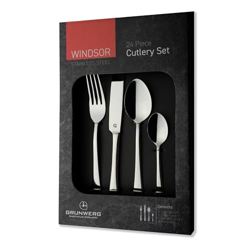 Grunwerg Luxus 24-teilig Besteck Set in einer Geschenkbox – WINDSOR STIL, 18/10 Edelstahl, gemischte Besteckset von Grunwerg