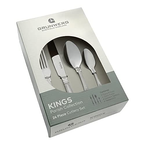 Grunwerg 24 teilig Besteck Set in einer Geschenkbox – KINGS STIL, 18/0 Edelstahl, gemischte Besteckset von Grunwerg