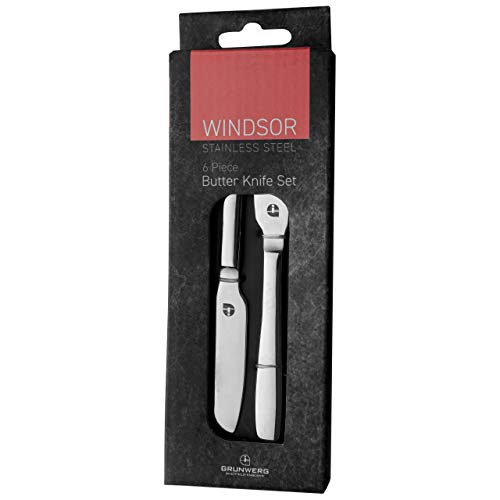 Windsor 6BXBKWDR 6-teiliges 6er Set von Buttermessern aus Edelstahl 18/0 – Hochglanzpoliert, Geschenkbox, hängend, Silber von Grunwerg