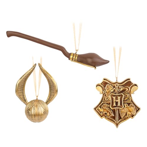Grupo Erik Christbaumschmuck Figuren Set Goldener Golden Snitch Nimbus 2000 und Hogwarts Wappen 3 Weihnachtsanhänger Weihnachtsbaum Schmuck Tannenbaumschmuck Figuren - Harry Potter Merchandise von Grupo Erik