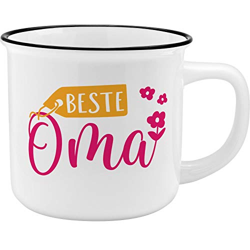 GRUSS & CO Becher Motiv "Oma" | New Bone China Porzellan, Emaille-Optik, 35 cl | Geschenk Oma | 45766, 1 Stück (1er Pack) von GRUSS & CO