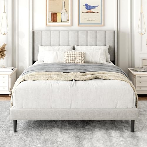 Gruwans Bettrahmen in voller Größe mit gepolstertem Flügel-Kopfteil, einfache Montage, Plattformbett, Holzlattenstütze, kein Boxspringbett erforderlich, Sand Gruwans Bettrahmen in voller Größe mit gepolstertem Flügel-Kopfteil, einfache Montage, Plattformbett, Holzlattenstütze, kein Boxspringbett erforderlich, Sand von Gruwans