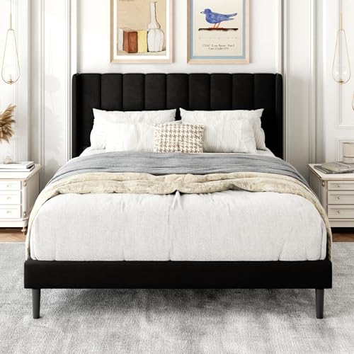 Gruwans Gepolstertes Bettgestell voll mit Flügelkopfteil / kein Boxspringbett erforderlich / Holzlattenstütze / einfache Montage / Schwarz Gruwans Gepolstertes Bettgestell voll mit Flügelkopfteil / kein Boxspringbett erforderlich / Holzlattenstütze / einfache Montage / Schwarz von Gruwans