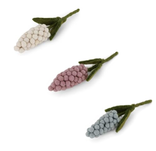Gry & Sif Handgemacht & Fairtrade-Zertifiziert Stilvolles dänisches Design x Kunsthandwerker aus Nepal | Perlenhyazinthen aus Filz - Künstliche Blumen für Wohnzimmerdekoration | Weiß | 3er-Set von Gry & Sif