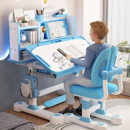 Gryphvex Kinder-Schreibtisch-Stuhl-Set, höhenverstellbarer Kindertisch und Stuhl mit gekippter Tischplatte, Buchständer, Fußstütze und Trennwand, Kinder Schreibtisch für Jungs & Mädchen (Bleu) Gryphvex Kinder-Schreibtisch-Stuhl-Set, höhenverstellbarer Kindertisch und Stuhl mit gekippter Tischplatte, Buchständer, Fußstütze und Trennwand, Kinder Schreibtisch für Jungs & Mädchen (Bleu) von Gryphvex
